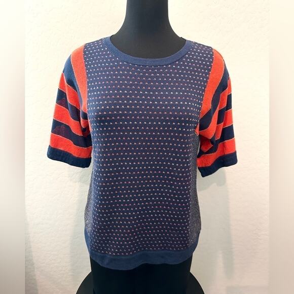 🆕 MARC JACOBS | Navy & Red Striped Polka Dot Metallic Lightweight Top | Small - Picture 2 of 7